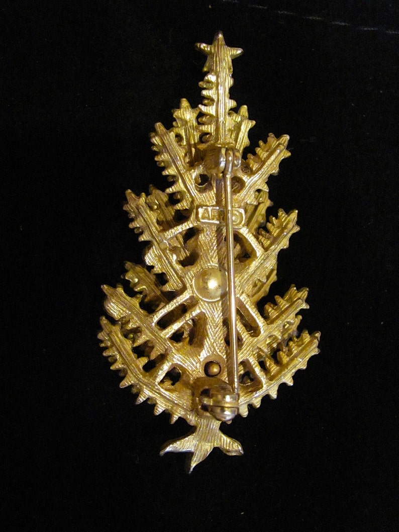 Mid Century ART Signed Gold Tone /& Multi Rhinestone Christmas Tree Brooch Pin Vintage Holiday Collectible Costume Jewelry Book Piece