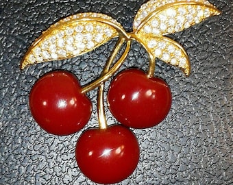 Vintage JOAN RIVERS Red Cherries & Austrian Rhinestone Crystal Gold Tone Brooch Pin Designer Signed Women's Costume Jewelry Figural Fruit EC