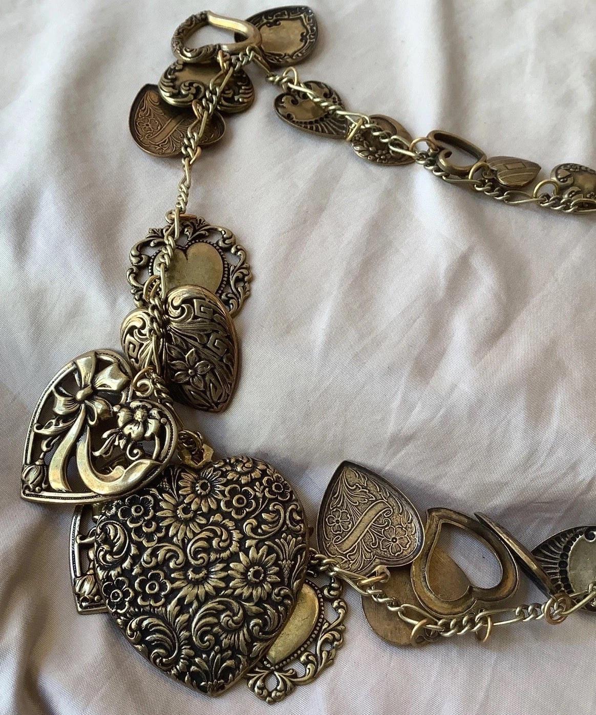 Vintage PIDIDDLY LINKS Loaded Hearts Necklace 27 Brass Charms