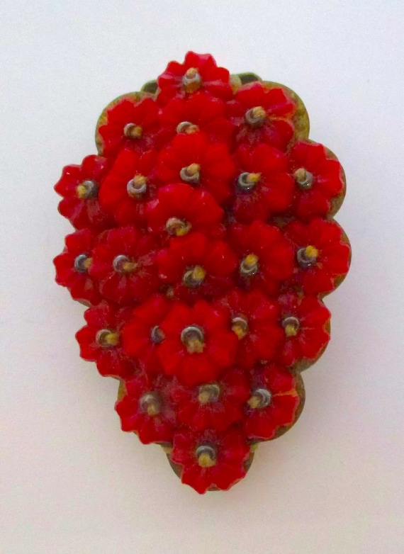 MIRIAM HASKELL Thread Wired Red Flower Brooch Pin 