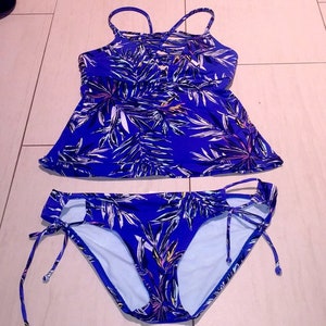Vintage HOBIE 2 Piece Swimsuit Bathing Suit Sapphire Blue w/ Bird Of Paradise Design Sz SM Beach Surfer Summer Women&#39;s Clothing Water Sport