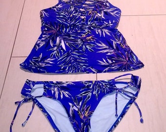 Vintage HOBIE 2 Piece Swimsuit Bathing Suit Sapphire Blue w/ Bird Of Paradise Design Sz SM Beach Surfer Summer Women's Clothing Water Sport