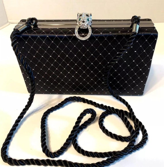 Vintage KENNETH LANE Black Satin Swiss Dot Clutch Purse
