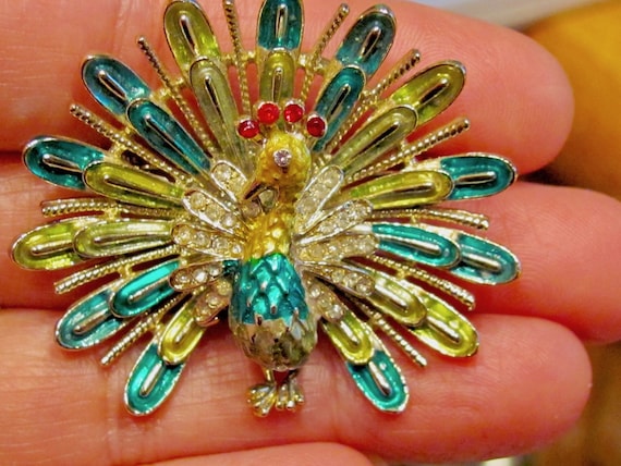 Rare CORO Signed Cloisonné Rhinestone Peacock Bir… - image 1