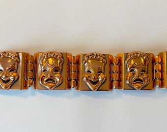 Vintage RENOIR Signed Thespian Tragedy Comedy Theatrical Happy Sad Faces Drama Mask Actor Copper Metal Link Bracelet Unisex Jewelry Matisse