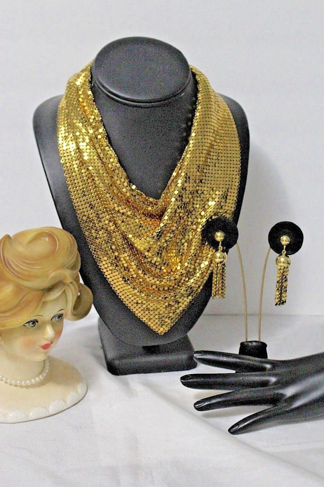 Rare WHITING DAVIS Signed Gold Mesh Oromesh Vintage Jewelry