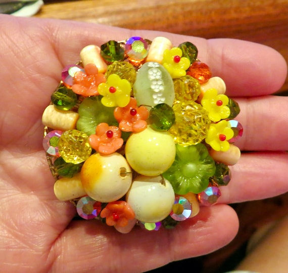Handmade floral brooch for women, crystal bead embroidery pin - Ruby Lane