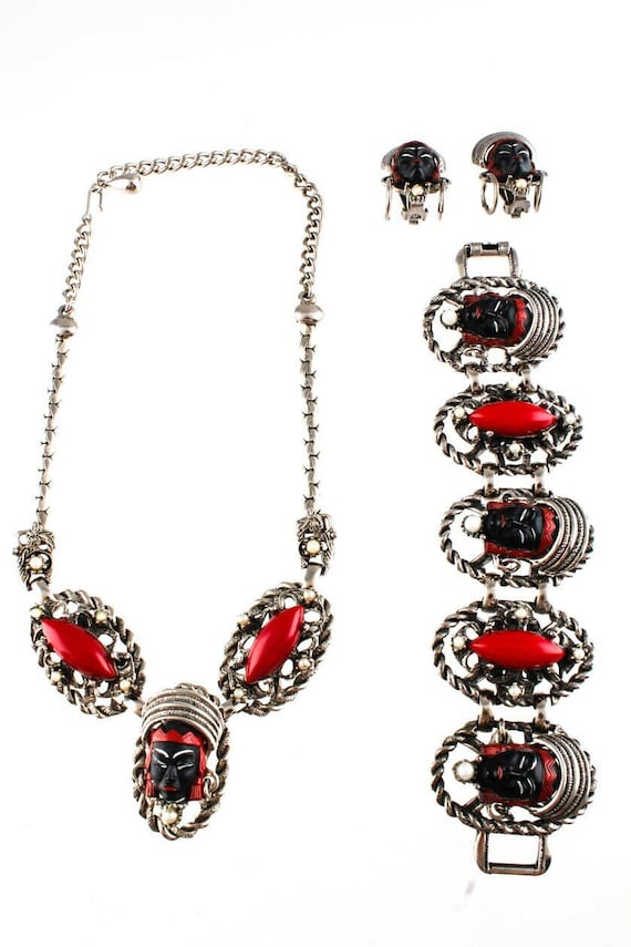 Vtg. SELRO SELINI 3 Pc Jewelry Set Black & Red Asi