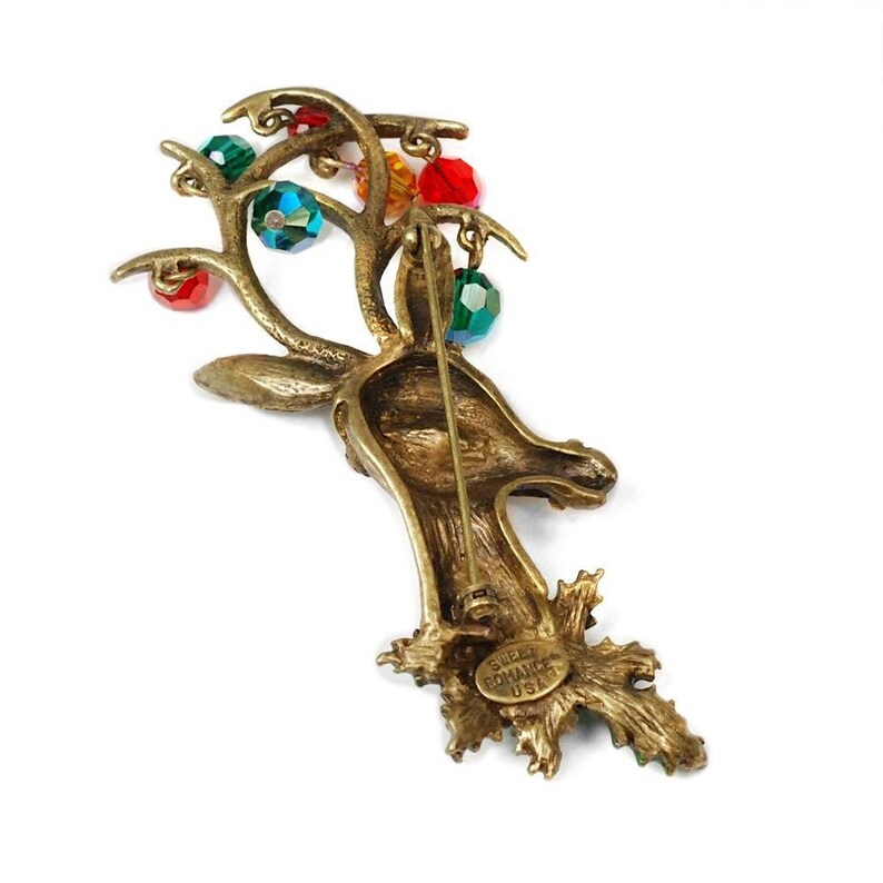 Vintage SWEET ROMANCE Signed RUDOLPH The Red Nose Reindeer W/ Red Green Blue Dangling Beads Textured Gold Tone Figural Holiday Brooch Pin image 3
