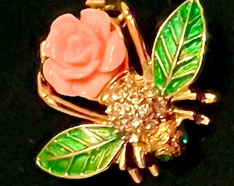 Retired JOAN RIVERS Signed Pink Camellia Flower Green Enamel Emerald Swarovski Crystal Brooch Pin Costume Jewelry In Box HTF Costume Jewelry