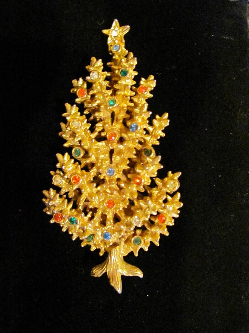 Mid Century ART Signed Gold Tone /& Multi Rhinestone Christmas Tree Brooch Pin Vintage Holiday Collectible Costume Jewelry Book Piece
