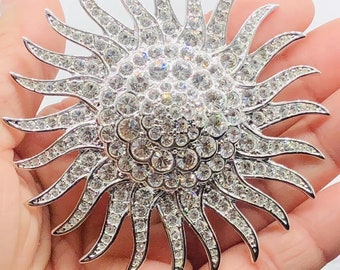 Large Simulated Diamond Brooch in Silver Sunburst Design Jackie