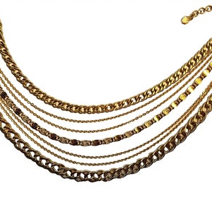Vintage MONET Signed 7 Assorted Specialty Link Multi Strand Gold Tone Cascading Chains Choker Necklace RARE Women&#39;s Designer Jewelry