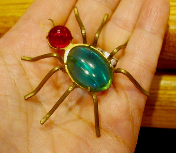 Vintage Large Rhinestone Spider Brooch Pin with Green Eyes