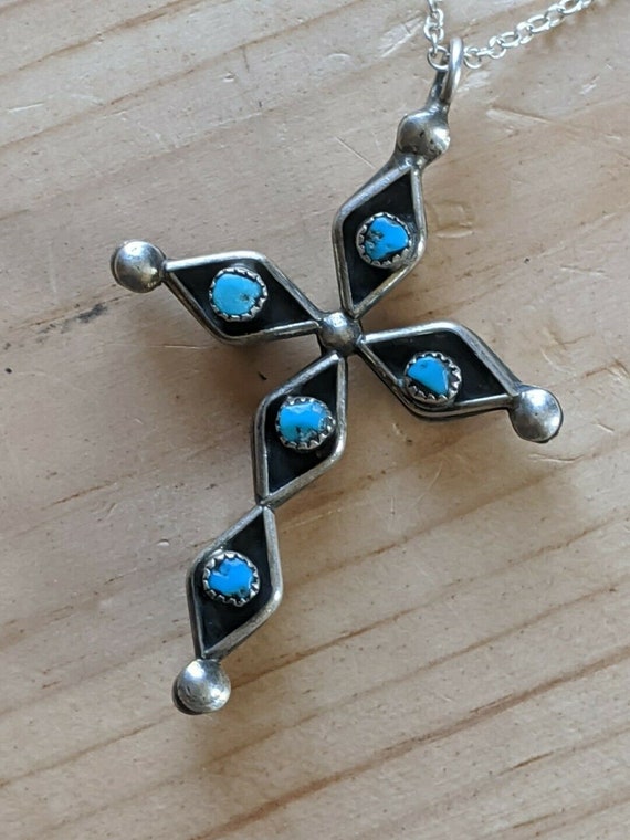 Two Sided Vintage Navajo Turquoise Coral Sterling Silver Cross Necklace Two Sided Vintage Navajo Turquoise Coral Sterling Silver Cross Necklace