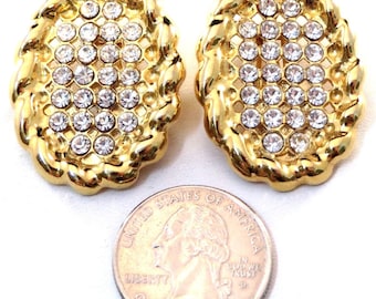 Iconic VALENTINO Designer Signed Austrian Pave Crystal Rhinestone & 18k Gold Plated Oval Clip Earrings Vintage French Couture Made In Italy