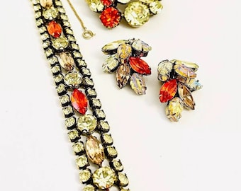 Vintage REGENCY Signed Parure High-End Jewelry Set Bracelet Brooch Earrings Orange Rhinestones Molded Glass Leaves Women's Vintage Jewelry