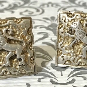 Antique FENWICK & SAILORS 925 Sterling Silver Gold Plated Lion Griffin Gryphon Cuff Links 1950s PAT 2472950 Unisex Mid Century Fine Jewelry