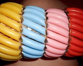Vintage BERGERE Signed 1950&#39;s Lucite Thermoset Accordion Expansion Cuff Bracelet Yellow Pink Panel Old Plastics Women&#39;s Jewelry Choose 1