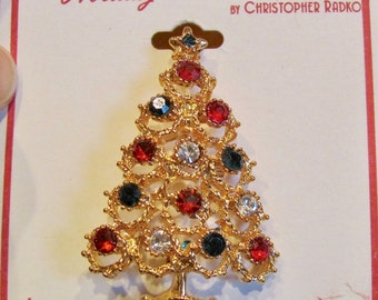 Vintage Christopher Radko Designer Signed Multi Color Crystal Rhinestone & Gold Tone Christmas Tree Brooch Holiday Pins New On Card