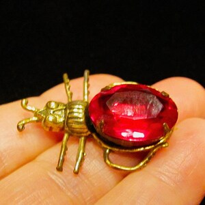 Vintage SADIE GREEN Signed Red Rhinestone Jelly Belly & Brass Tone Beetle Insect Bug Brooch Pin Egyptian Revival Designer Costume Jewelry EC image 3