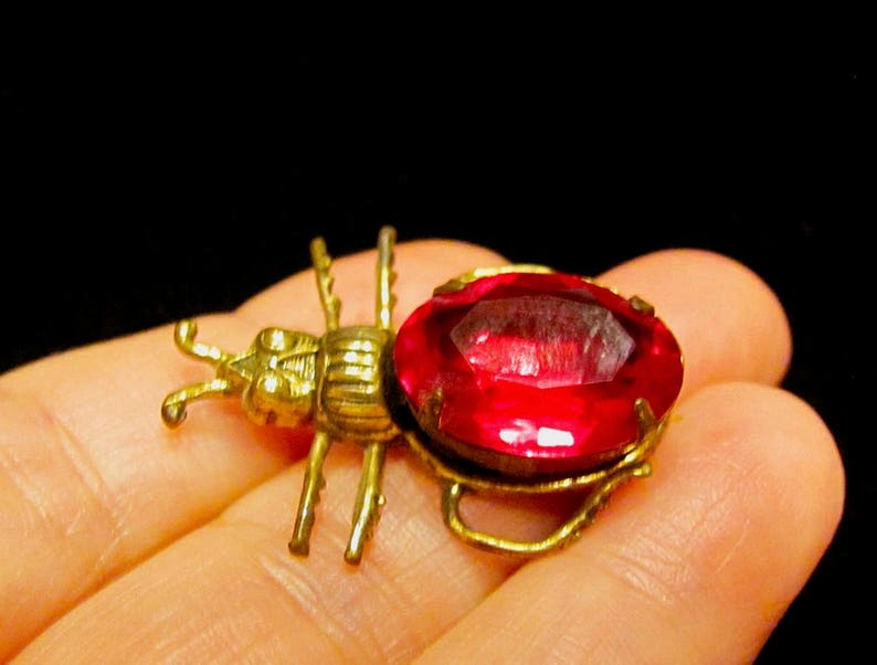 Vintage SADIE GREEN Signed Red Rhinestone Jelly Belly & Brass Tone Beetle Insect Bug Brooch Pin Egyptian Revival Designer Costume Jewelry EC image 3