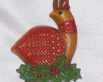 Vintage HALLMARK patrijs in een perenboom broche speld vakantie kerst Thanksgiving herfst winter boek stuk celluloid Lucite oude kunststoffen