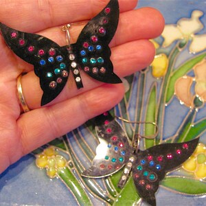 60&#39;s Large 2&quot; Butterfly Black Lucite Rhinestone Dangle Drop Pierced Earrings Boho Chic Weiss Style Vintage Costume Women&#39;s Jewelry