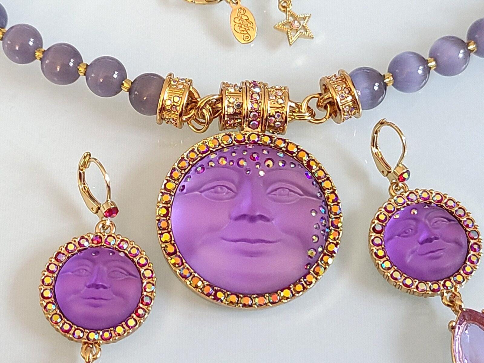 Fabuleux KIRKS FOLLY signé violet mystique fée lune pendentif visage perles de verre collier et crochet boucles d'oreilles ensemble de bijoux unisexe cadeau