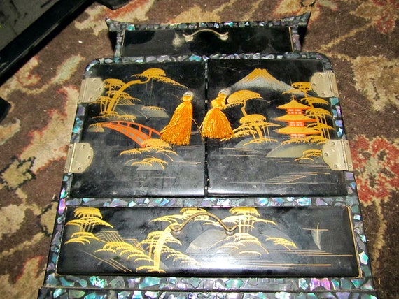 Antique Hand Painted Black Lacquer Porcelain Box … - image 5