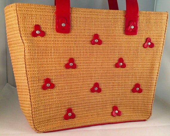 Vtg. COLE HAAN Designer Lg Natural Straw Weave Red Leather Applique Silver Tack Detail Purse Tote Satchel Bookbag Shopper Beach Flower EC Etsy