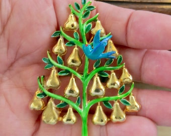 Vintage CADORO Signed Partridge in A Pear Tree Brooch Pin Rare