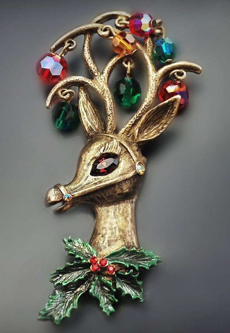 Vintage SWEET ROMANCE Signed RUDOLPH The Red Nose Reindeer W/ Red Green Blue Dangling Beads Textured Gold Tone Figural Holiday Brooch Pin image 2