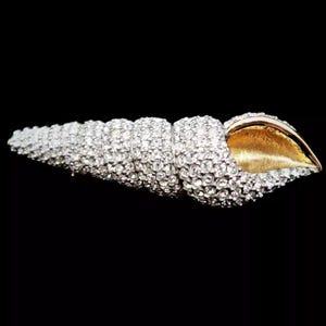 Vtg. Large 3&quot;  Swarovski Swan Logo Pave Swarovski Clear Crystal Conch Seashell Sea Shell Gold Tone Pin Brooch In Original Box High End EC