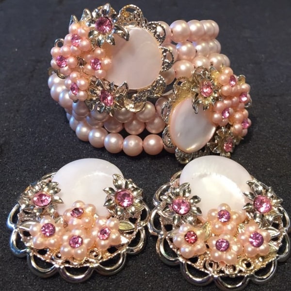 Vintage Miriam Haskel Style Faux Pearl Rhinestones & Mother Of Pearl Wrap Bracelet and Matching Clip Earrings Women's Costume Jewelry Set