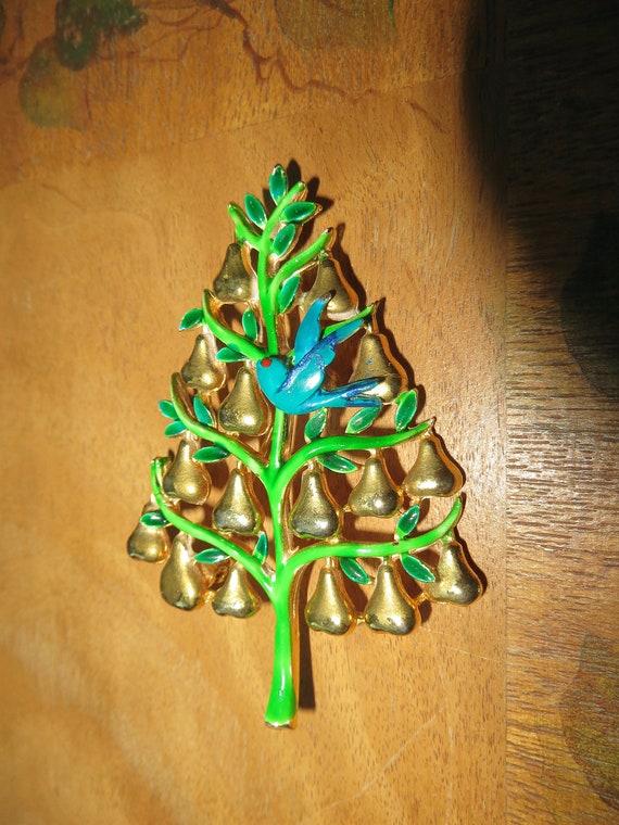 Vintage CADORO Signed Partridge in A Pear Tree Brooch Pin Rare