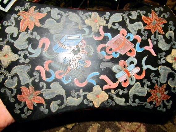 Antique Hand Painted Black Lacquer Porcelain Box … - image 8