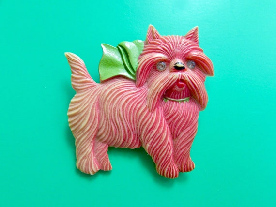 BAKELITE SCOTTIE Red Bow Dog Pin Scottie Brooch Vin Gem