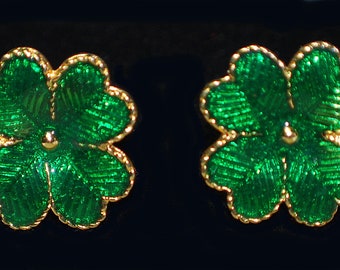 Vintage AVON Hard To Find Green Enamel Gold Tone Irish Shamrock 4 Leaf Clover St. Patrick&#39;s Day Clip Back Earrings Designer Costume Jewelry
