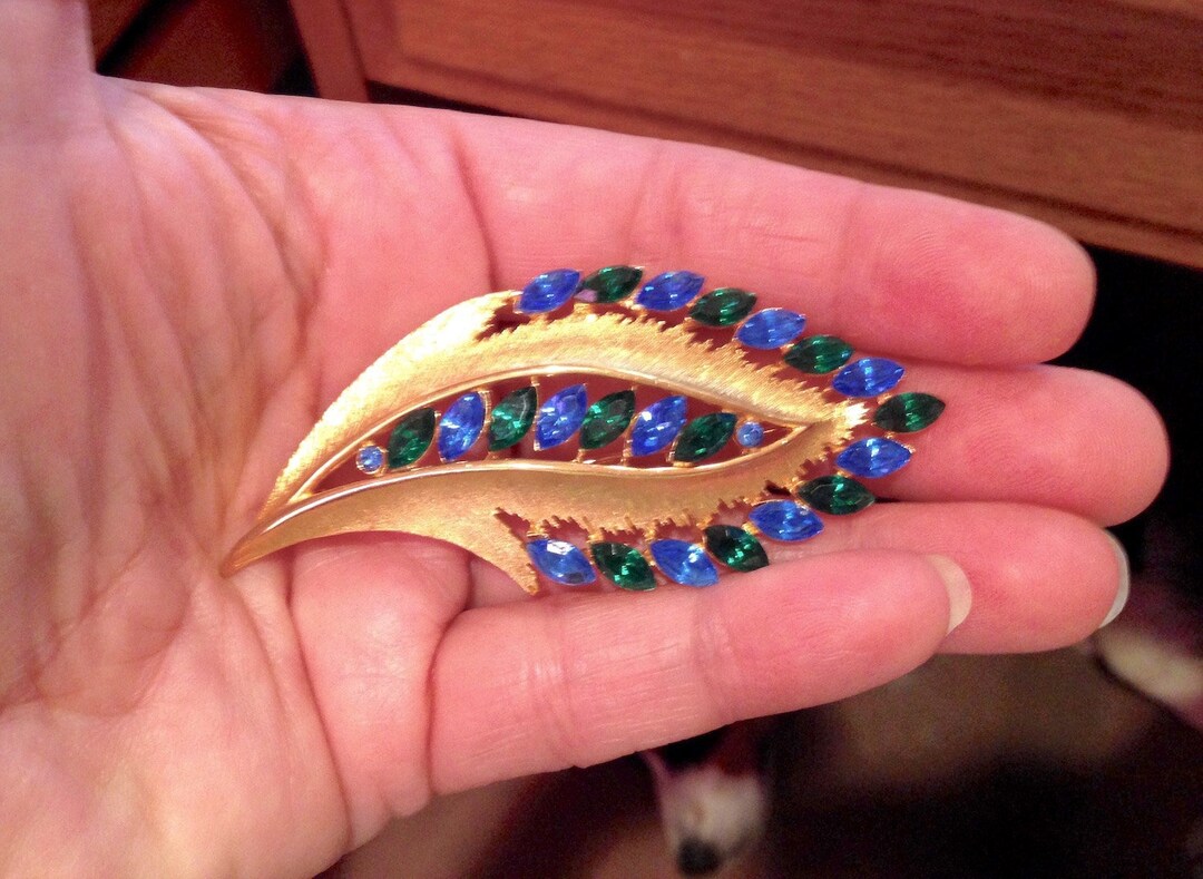 SELOVO Large Crystal Rhinestone Leaf Brooch Pin - Gold Tone Statement Jewelry, 3.7x2.3 Inches, Gift Box