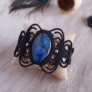 Labradorite statement bracelet, bohemian jewelry, alternative unique, black adjustable bracelet, boho chic, blue stone, gift for girlfriend