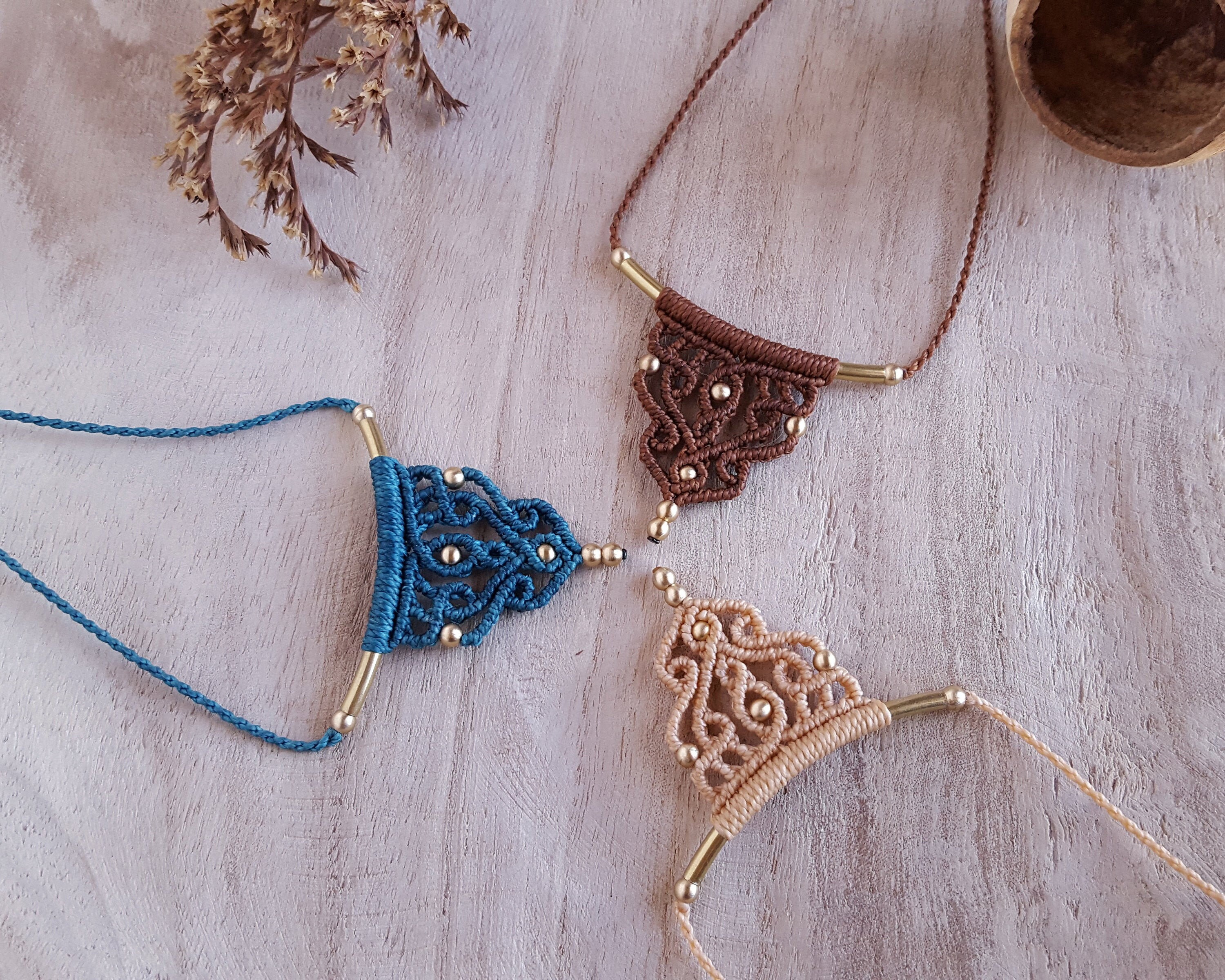 Macrame necklace and brass beads,Simple necklace for her,adjustable Chocker,Necklace with brass Simple necklace with brass beads