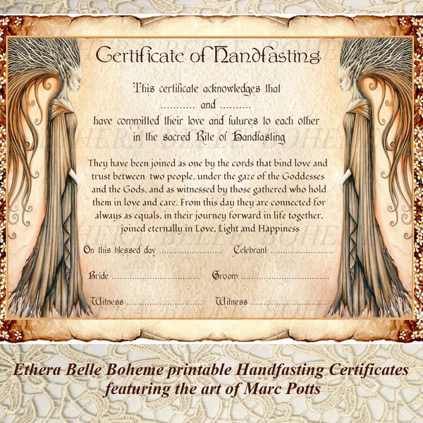 Certificat numérique A4 à la main, certificat de mariage médiéval wicca fée elfe, certificat de mariage païen, mariage féerique wicca