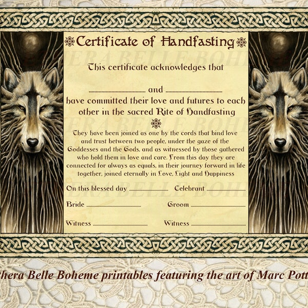 A4 Handfasting Digital Certificate Wolf Celtic Viking Wiccan Witch Wedding Certificate, Pagan Wedding Certificate, Wicca Woodland Marriage