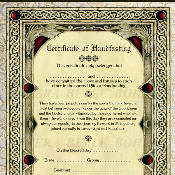 A4 Printable Handfasting Certificate, Wiccan Wedding Certificate, Pagan Wedding Certificate, Dragon Ritual Wicca Witch Marriage Celebration