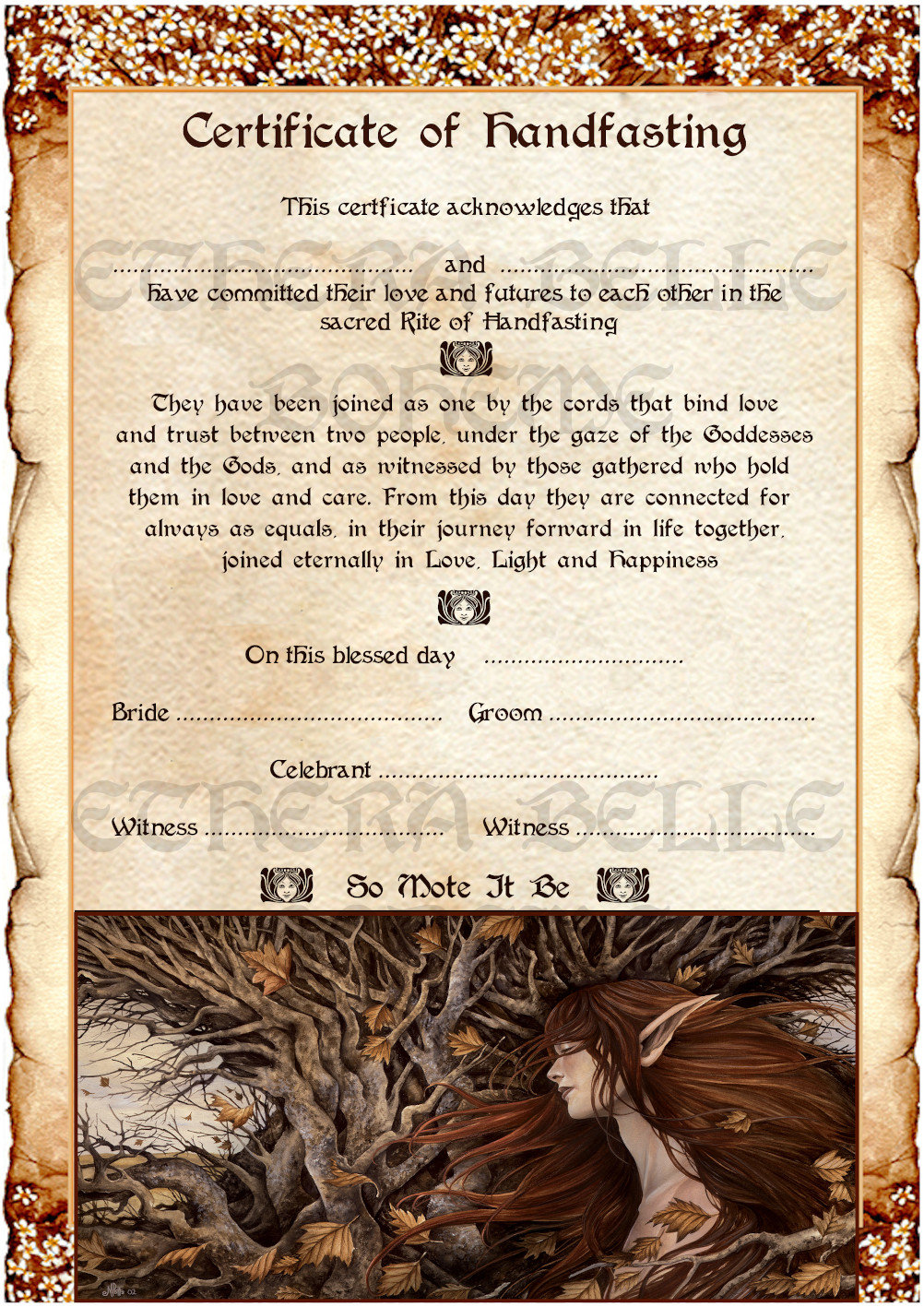 A4 Printable Handfasting Certificate Fairytale Fairy, Wiccan Wedding Certificate, Pagan Wedding ...
