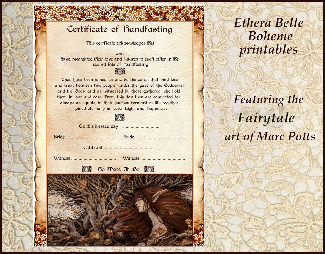 A4 Printable Handfasting Certificate Fairytale Fairy, Wiccan Wedding Certificate, Pagan Wedding ...
