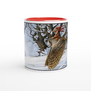 Tasse d'art hivernal Pixie on Chouette hulotte, tasse d'art folklorique féerique Marc Potts