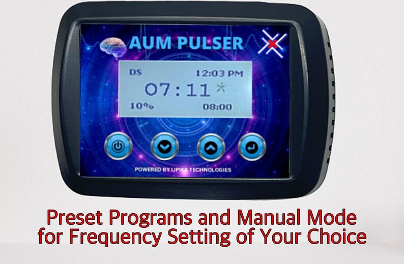 May include: A black device with a blue screen displaying "AUM PULSER X" and a digital clock. The screen also shows a brain icon, a progress bar, and four buttons. The text "Preset Programs and Manual Mode for Frequency Setting of Your Choice" is below the device.