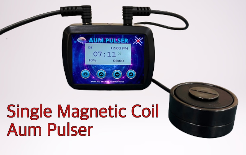 May include: A black AUM PULSER device with a digital display showing the time, a percentage, and a timer. The device is connected to a black magnetic coil.